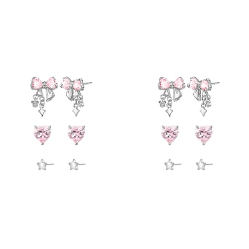 SANNIDHI® 3 Pairs Earrings Set for Women Girls Stylish Silver Hypoallergenic Pink Rhinestone Bow Stud Stainless Steel Cartilage Combo Multiple Piercing 2 PCS SANNIDHI® 3 Pairs Earrings Set for Women Girls Stylish Silver Hypoallergenic Pink Rhinestone Bow Stud Stainless Steel Cartilage Combo Multiple Piercing 2 PCS